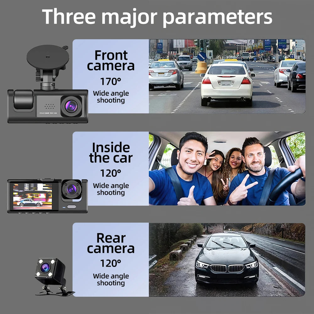 Dashcam 3 Caméras Voiture 1080P – Avant Cockpit Arrière 32Go