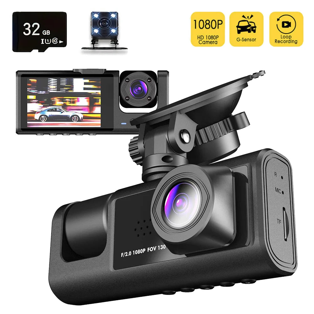 Dashcam 3 Caméras Voiture 1080P – Avant Cockpit Arrière 32Go