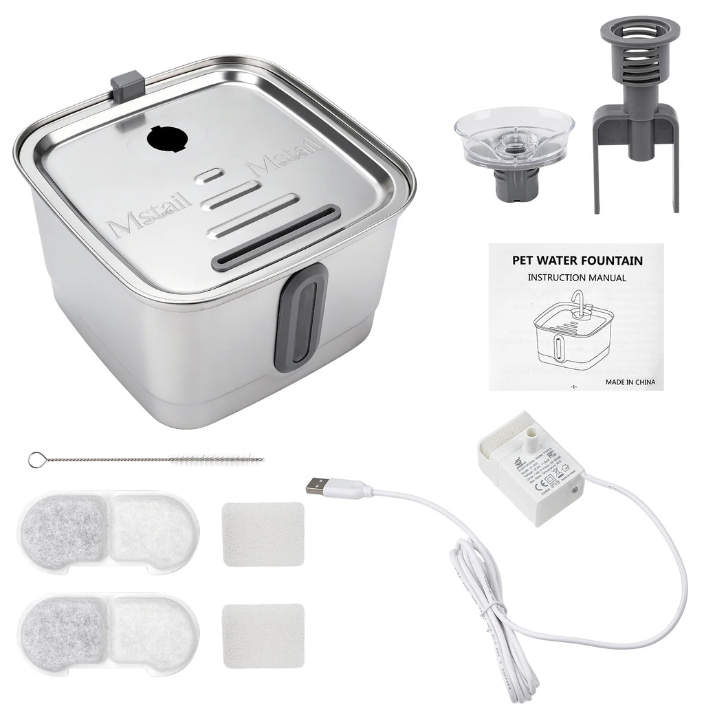 Mstail TY08 Distributeur d'eau automatique 3L en acier inoxydable pour animaux de compagnie, fontaine pour chats et chiens avec fenêtre de visualisation, abreuvoir silencieux, design de robinet classique