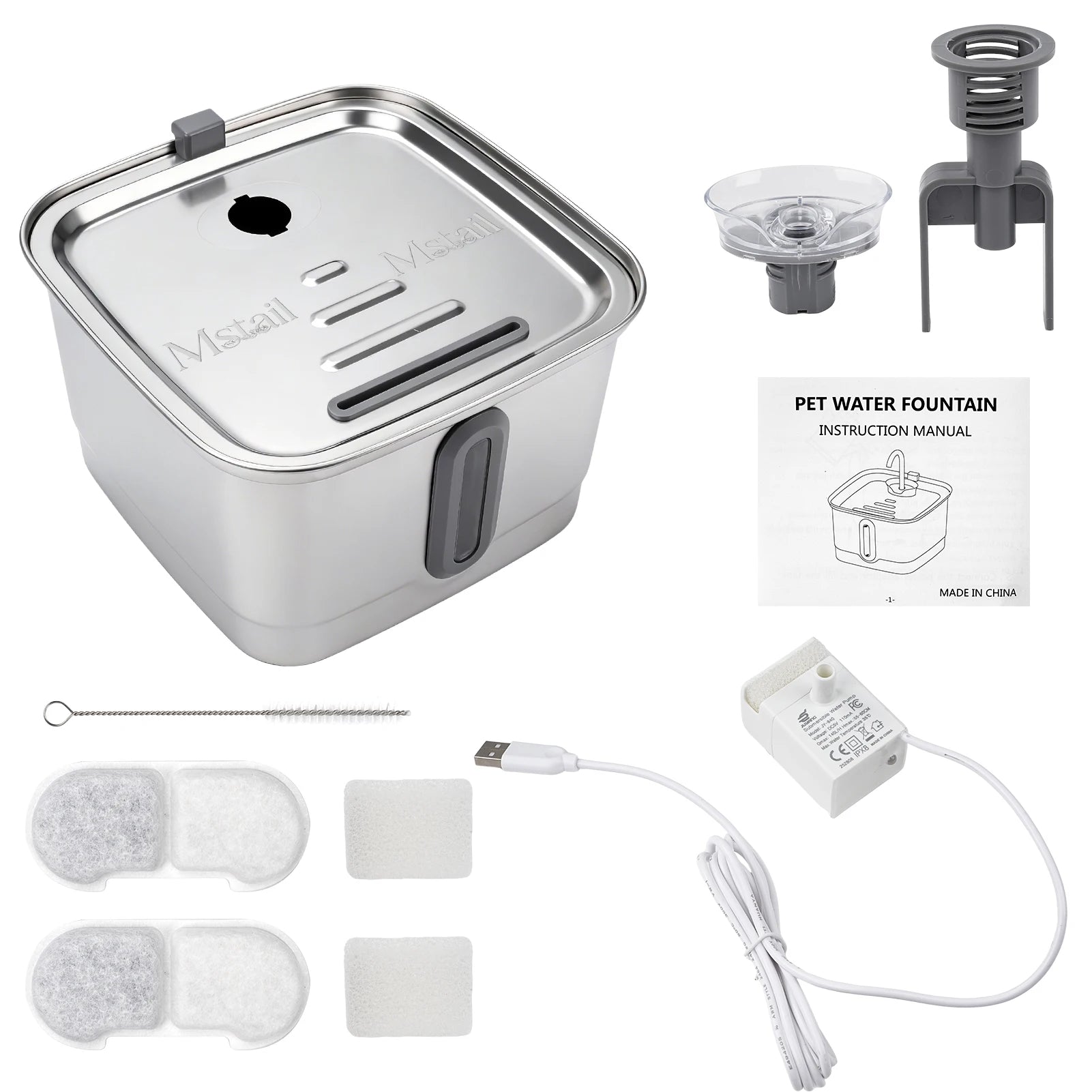 Mstail TY08 Distributeur d'eau automatique 3L en acier inoxydable pour animaux de compagnie, fontaine pour chats et chiens avec fenêtre de visualisation, abreuvoir silencieux, design de robinet classique