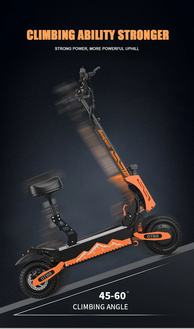 Arwibon GT08 Scooter électrique adulte 5600W moteur vitesse maximale 46MPH, 60V27AH, 11 pouces pneus tout-terrain Sport banlieue pliant EScooter