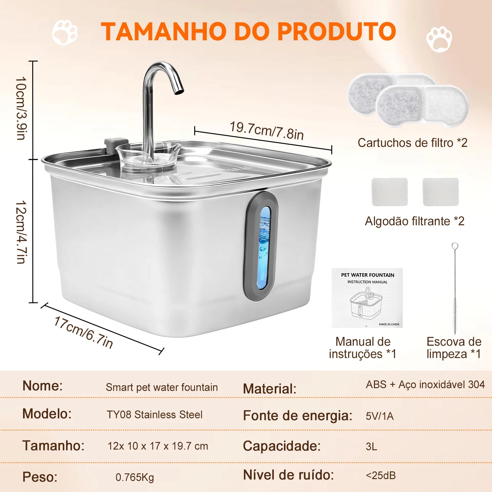 Mstail TY08 Distributeur d'eau automatique 3L en acier inoxydable pour animaux de compagnie, fontaine pour chats et chiens avec fenêtre de visualisation, abreuvoir silencieux, design de robinet classique