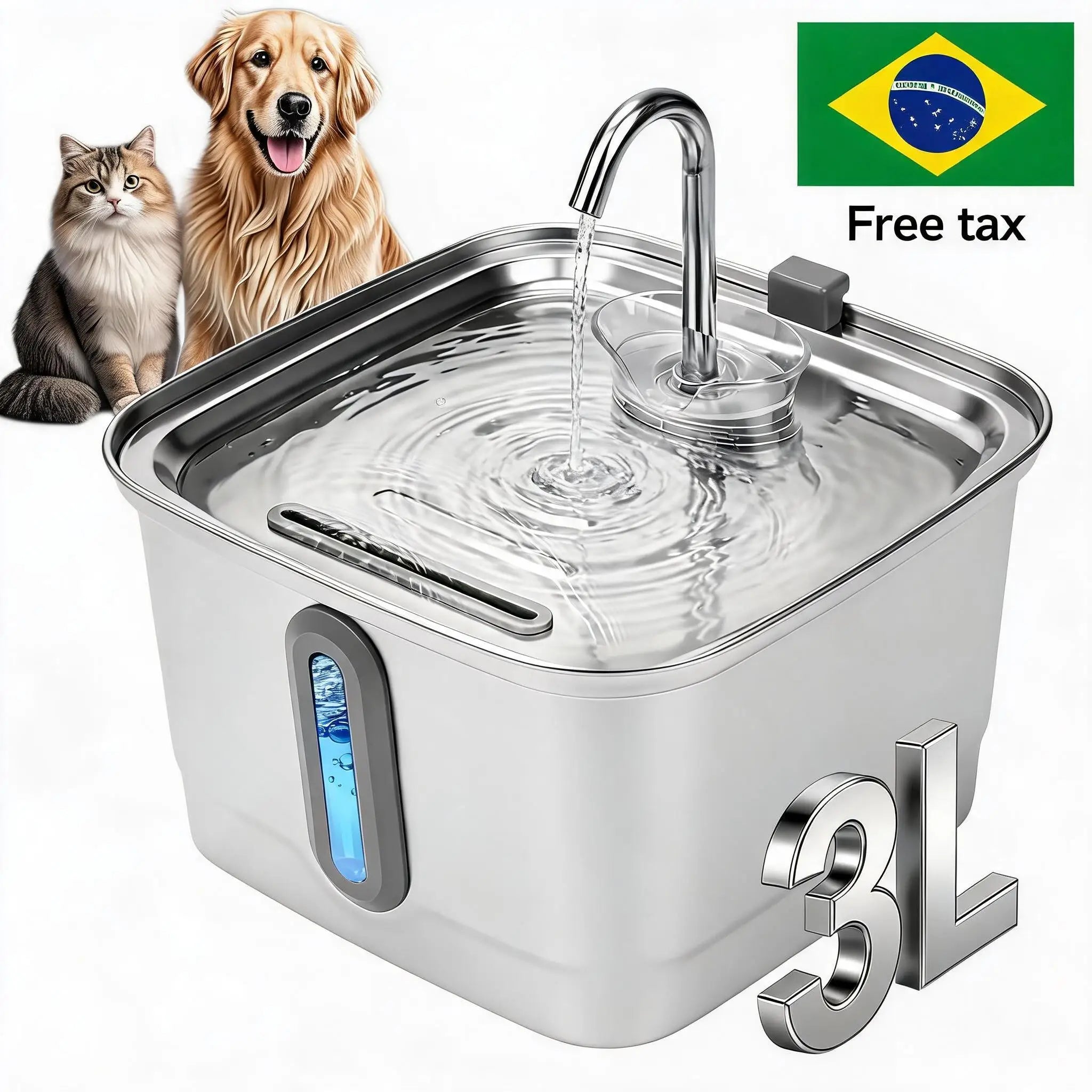 Mstail TY08 Distributeur d'eau automatique 3L en acier inoxydable pour animaux de compagnie, fontaine pour chats et chiens avec fenêtre de visualisation, abreuvoir silencieux, design de robinet classique