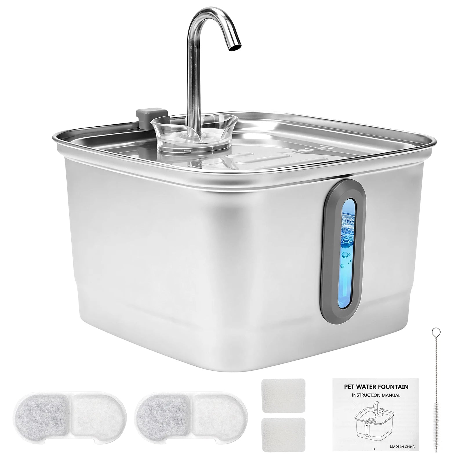 Mstail TY08 Distributeur d'eau automatique 3L en acier inoxydable pour animaux de compagnie, fontaine pour chats et chiens avec fenêtre de visualisation, abreuvoir silencieux, design de robinet classique