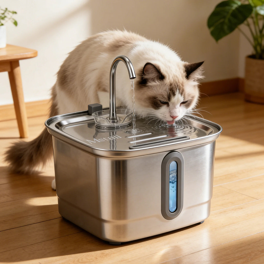 Mstail TY08 Distributeur d'eau automatique 3L en acier inoxydable pour animaux de compagnie, fontaine pour chats et chiens avec fenêtre de visualisation, abreuvoir silencieux, design de robinet classique