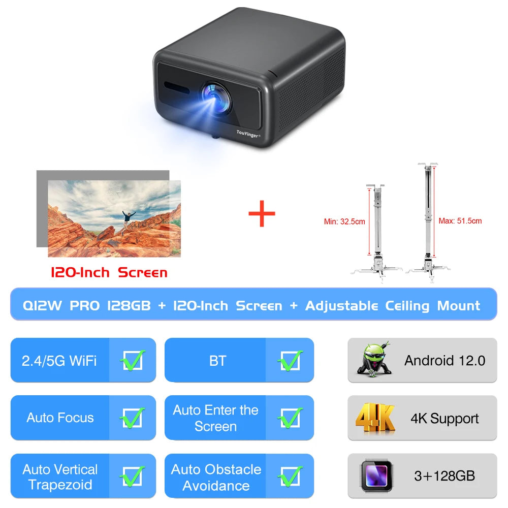 Projecteur de cinéma maison intelligent Touyinger Q12W Pro 2800ANSI Full HD 4K à double écran Wifi Bluetooth