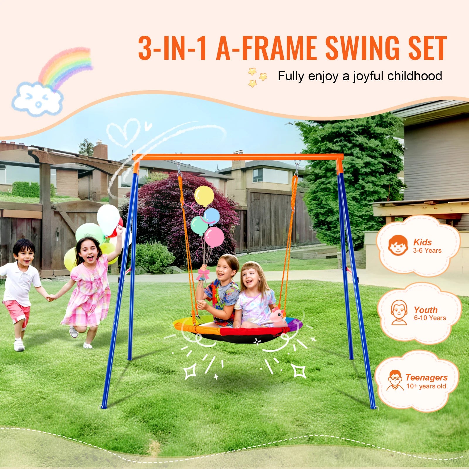 SucceBuy Ensembles de balançoires pour jardin, capacité de 600 lb, avec 1 soucoupe, siège de balançoire, 2 sièges de balançoire à ceinture, balançoire d'extérieur pour enfants
