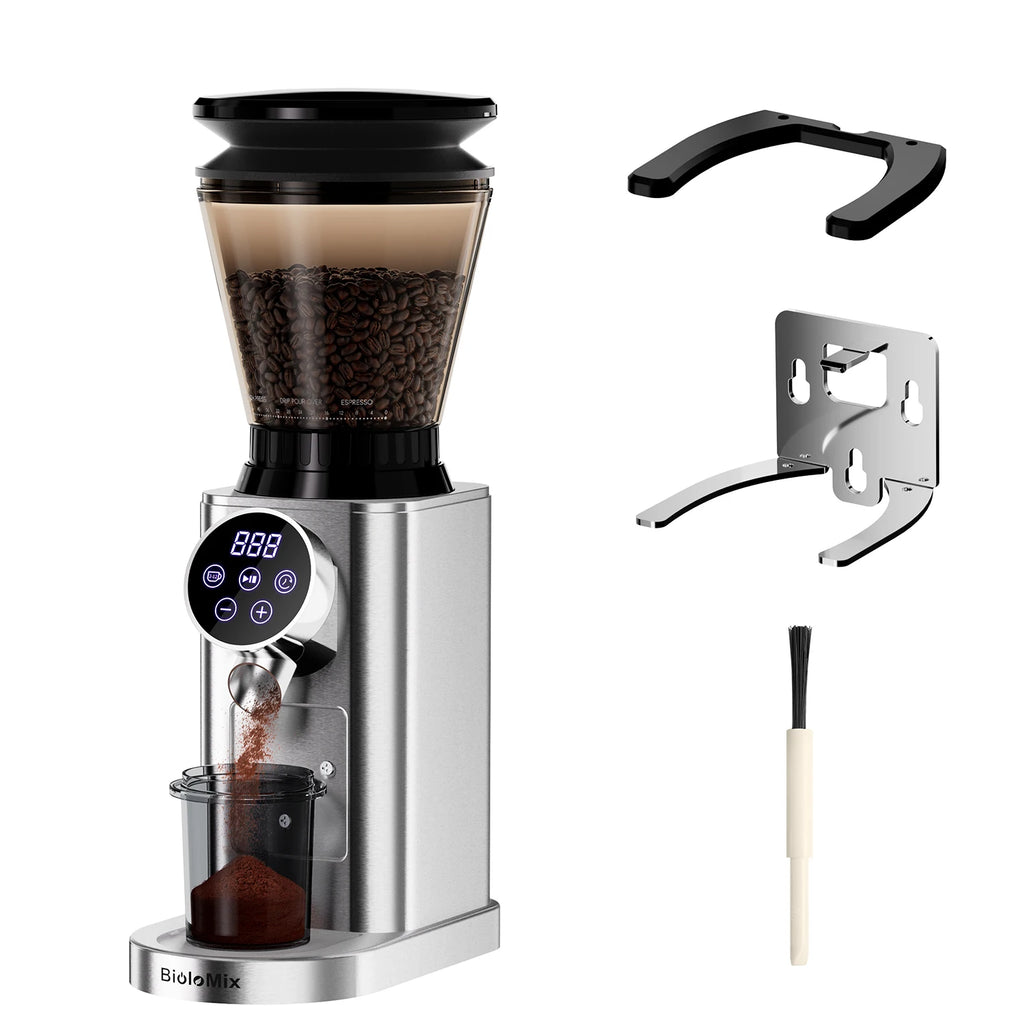BioloMix Moulin à café électrique à bavures coniques avec support amovible, avec 48 réglages de mouture réglables, pour café expresso