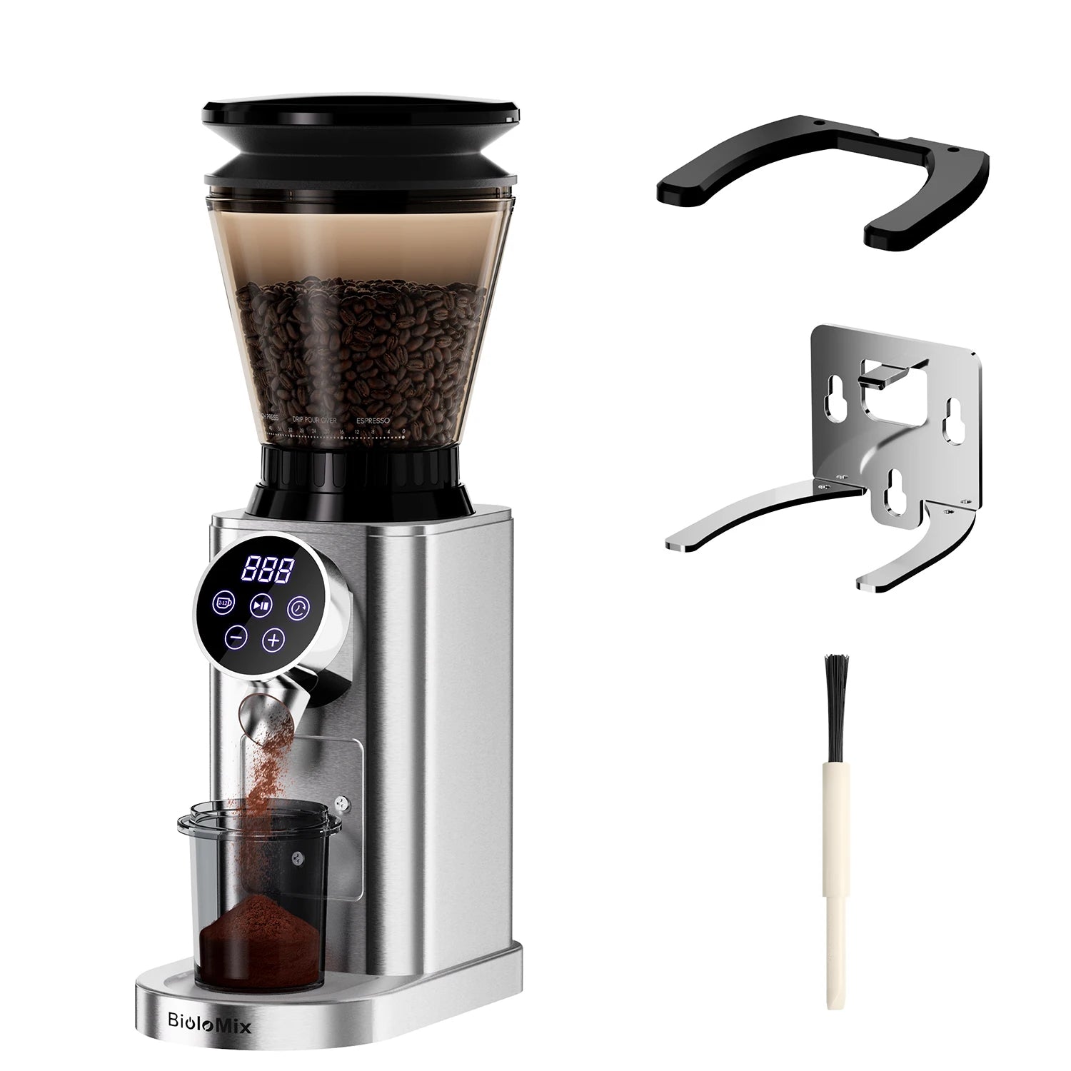 BioloMix Moulin à café électrique à bavures coniques avec support amovible, avec 48 réglages de mouture réglables, pour café expresso