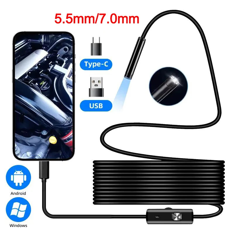 Caméra endoscopique Type-C 5,5/7,0 mm, étanche IP67, avec 6 LED réglables, USB Android, boroscope d'inspection flexible pour téléphone et PC