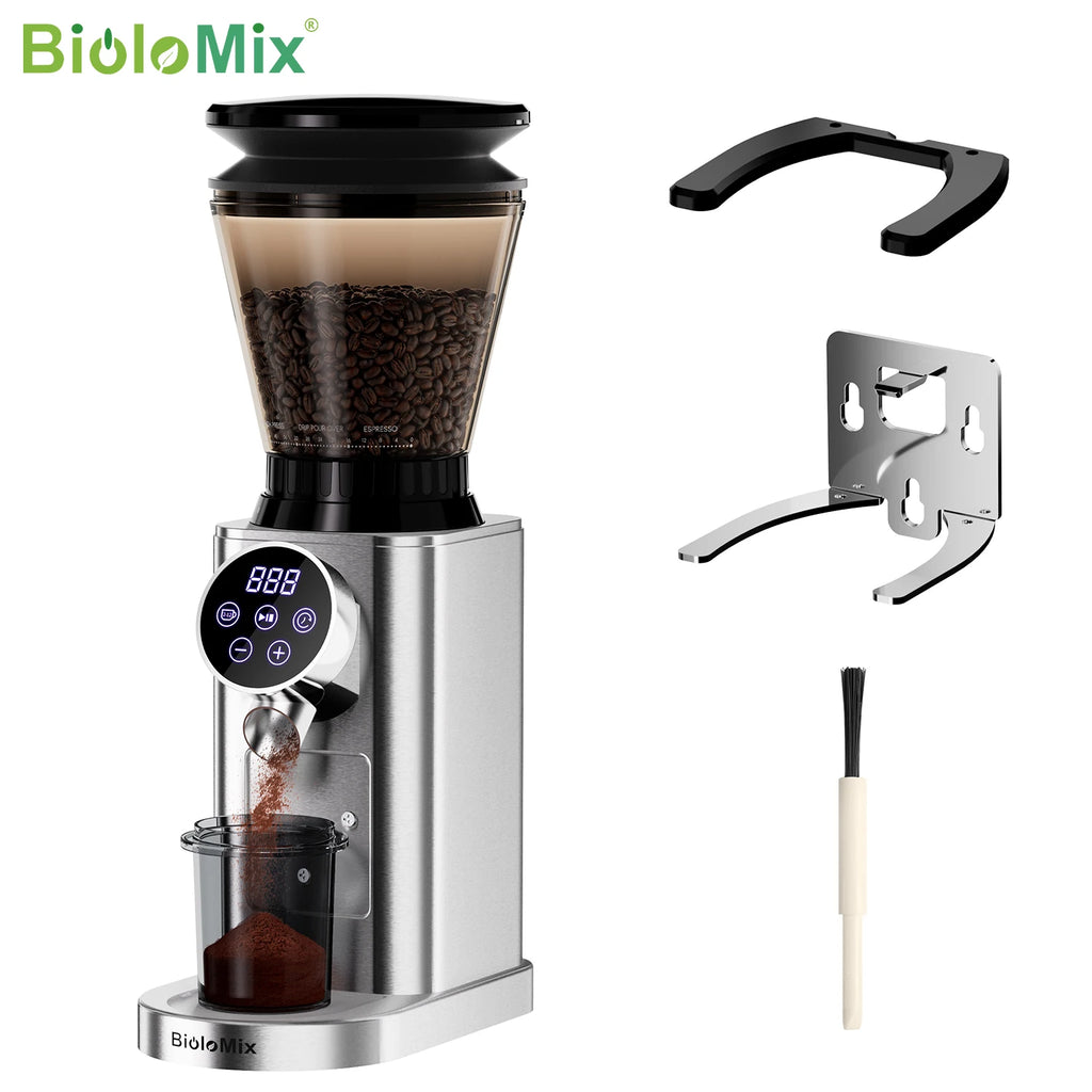 BioloMix Moulin à café électrique à bavures coniques avec support amovible, avec 48 réglages de mouture réglables, pour café expresso
