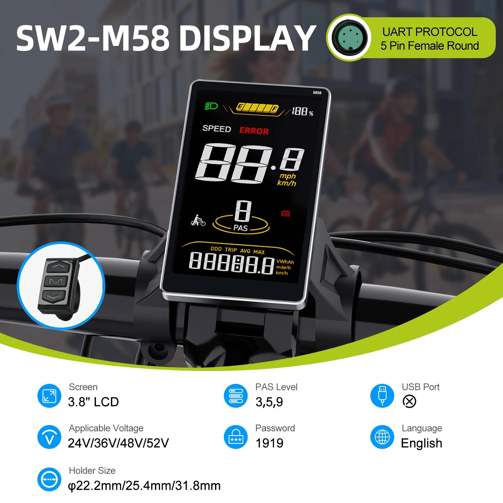 Bafang UART protocole d'affichage Instrument LCD 36V 48V 52V EKD01 ordinateur Bluetooth DZ40 DPC18 SW2-M58 pour Kits de vélo électrique Hub Mid Motor