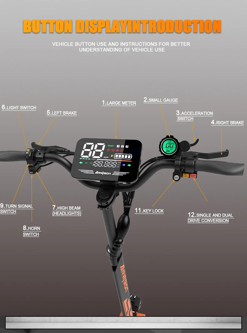 Arwibon GT08 Scooter électrique adulte 5600W moteur vitesse maximale 46MPH, 60V27AH, 11 pouces pneus tout-terrain Sport banlieue pliant EScooter