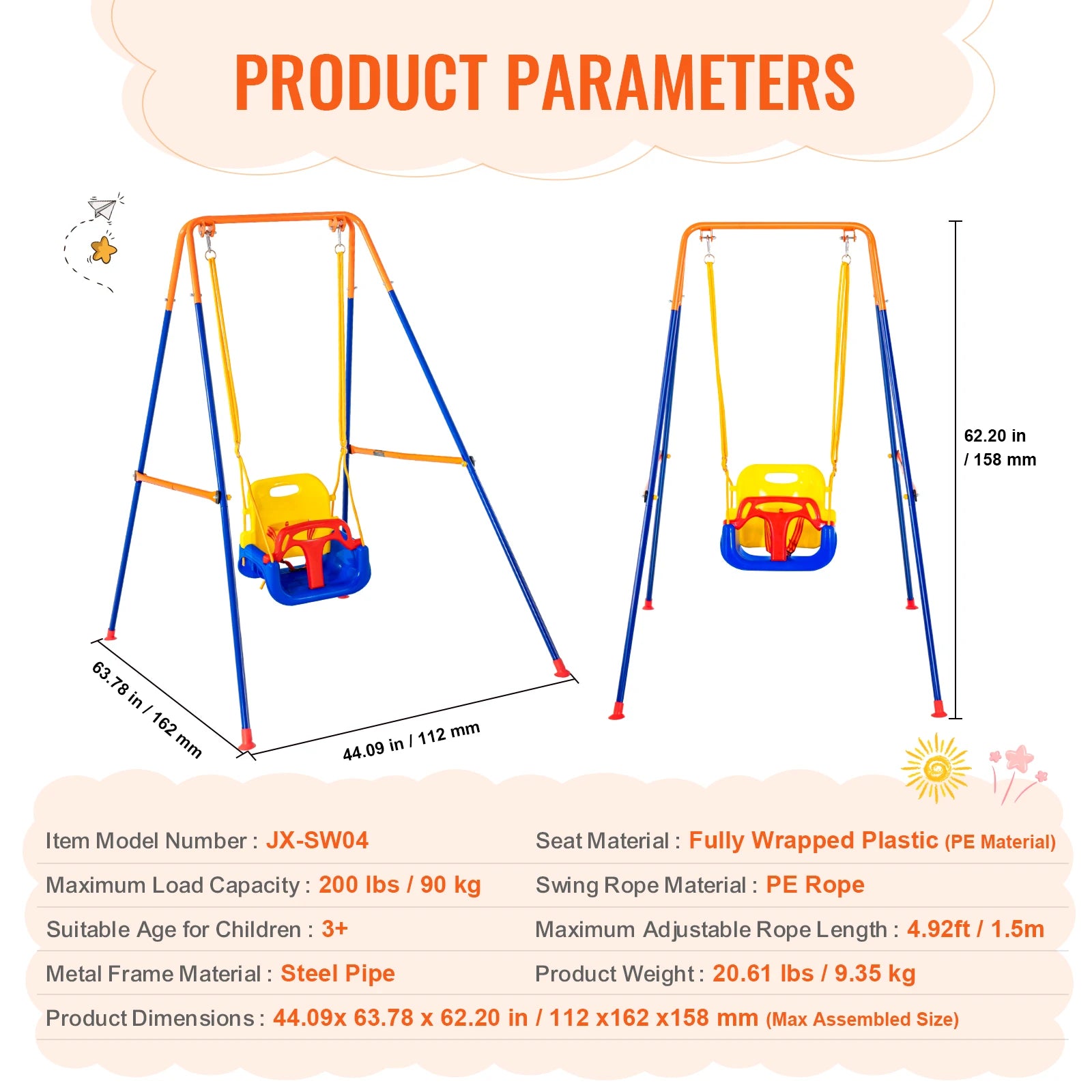 SucceBuy Ensembles de balançoires pour jardin, capacité de 600 lb, avec 1 soucoupe, siège de balançoire, 2 sièges de balançoire à ceinture, balançoire d'extérieur pour enfants