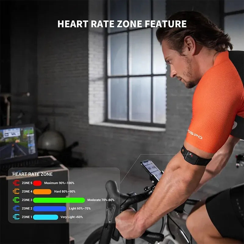 COOSPO HW9 brassard moniteur de fréquence cardiaque avec Zones HR/capteur HRM de calories pour le cyclisme de fitness BLE5.0 ANT + pour Peloton,Zwift,Wahoo