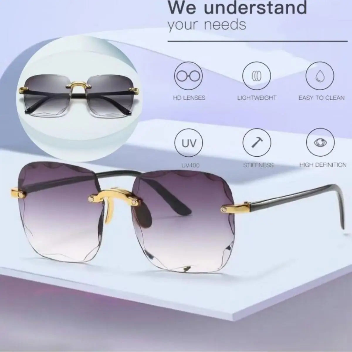 Lunettes de soleil sans monture Y2K, dégradées, mode coréenne, hip-hop, anti-ultraviolets, élégantes, de luxe, pour voyages en plein air, pour femmes et unisexe