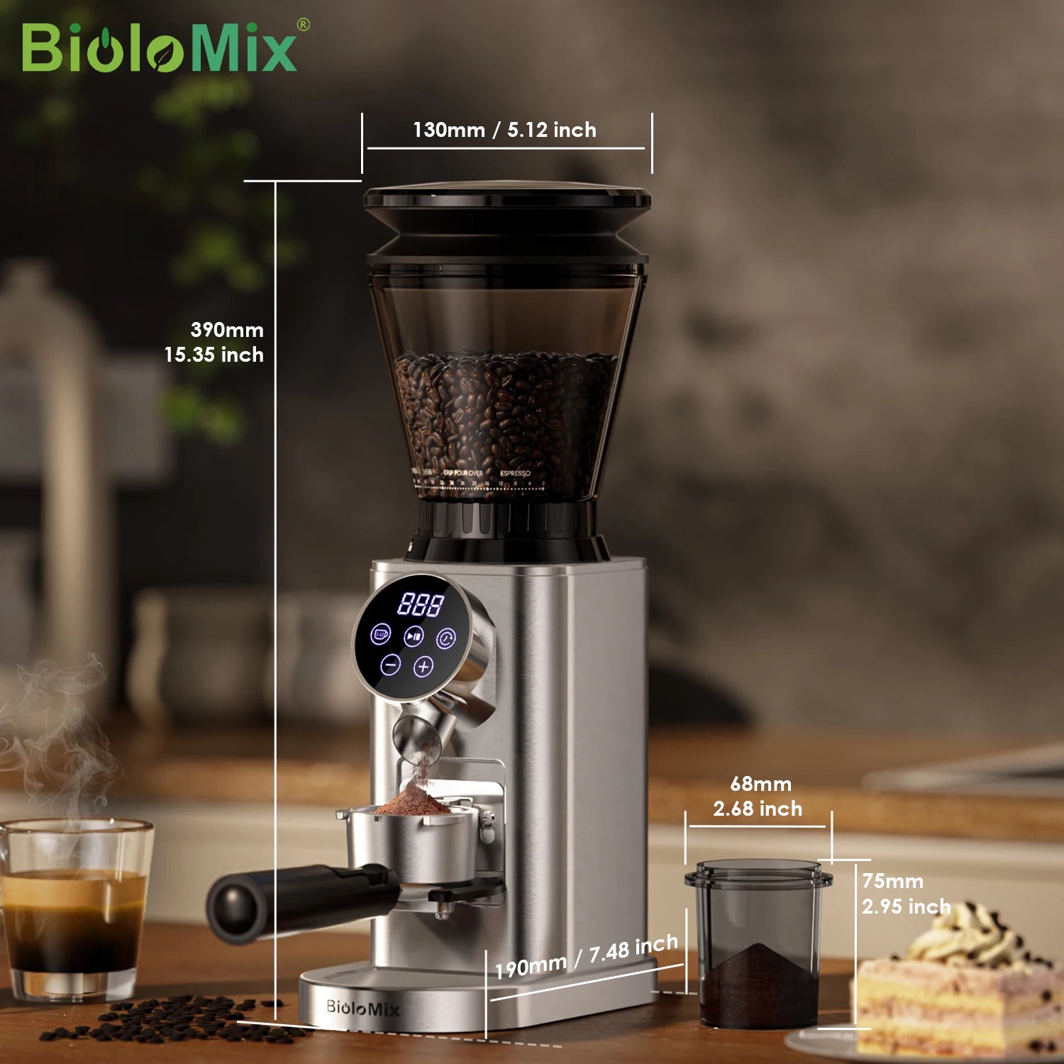 BioloMix Moulin à café électrique à bavures coniques avec support amovible, avec 48 réglages de mouture réglables, pour café expresso
