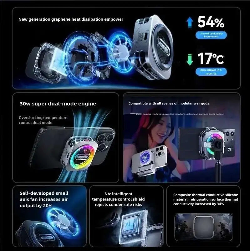 Redmagic refroidisseur 6 Pro radiateur ventilateur magnétique refroidisseur 30W VC refroidissement liquide RGB LED AI contrôle de température pour tablette téléphone portable