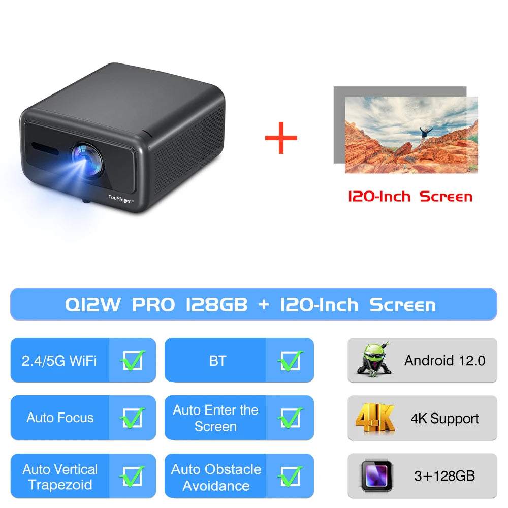 Projecteur de cinéma maison intelligent Touyinger Q12W Pro 2800ANSI Full HD 4K à double écran Wifi Bluetooth