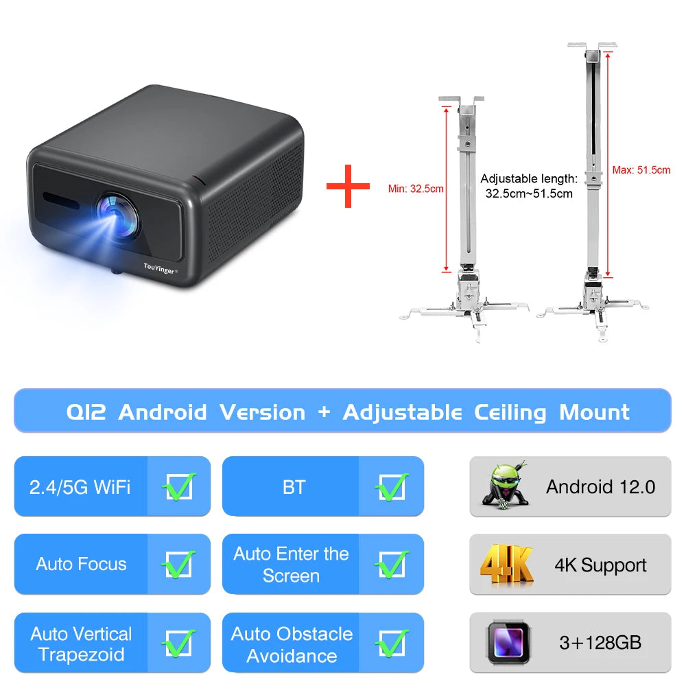 Projecteur de cinéma maison intelligent Touyinger Q12W Pro 2800ANSI Full HD 4K à double écran Wifi Bluetooth