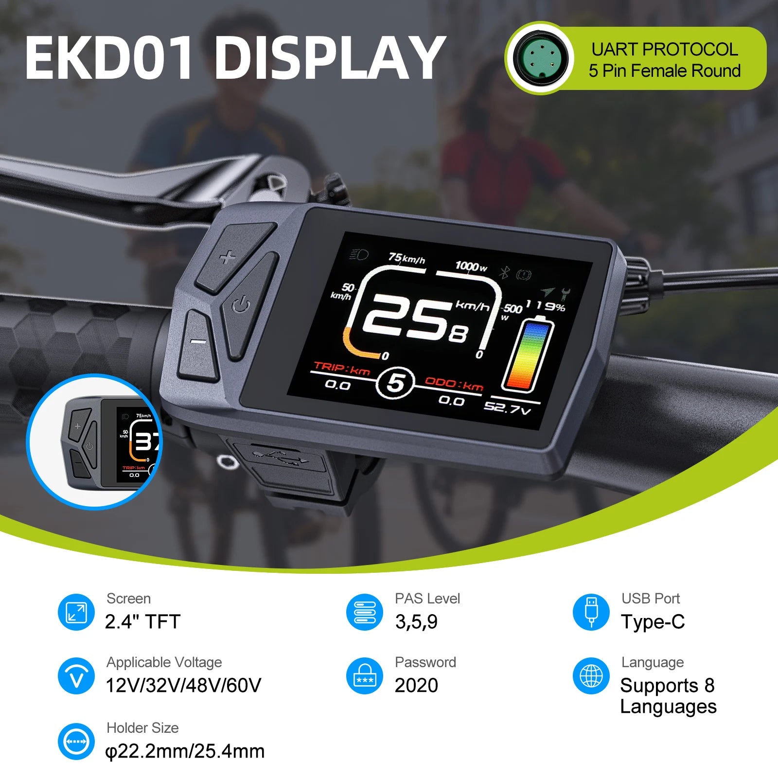 Bafang UART protocole d'affichage Instrument LCD 36V 48V 52V EKD01 ordinateur Bluetooth DZ40 DPC18 SW2-M58 pour Kits de vélo électrique Hub Mid Motor