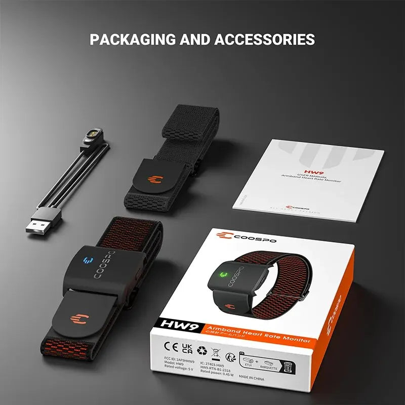 COOSPO HW9 brassard moniteur de fréquence cardiaque avec Zones HR/capteur HRM de calories pour le cyclisme de fitness BLE5.0 ANT + pour Peloton,Zwift,Wahoo