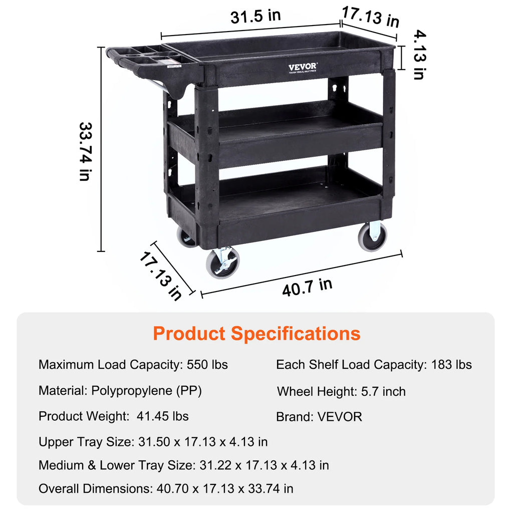 SucceBuy chariot de service utilitaire à 2/3 étagères Dolly avec 360 °   Poignée de rangement ergonomique à roues pivotantes pour entrepôt/garage/nettoyage