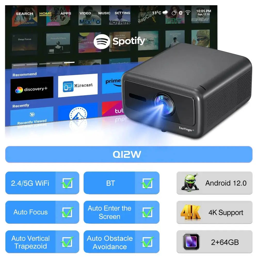 Projecteur de cinéma maison intelligent Touyinger Q12W Pro 2800ANSI Full HD 4K à double écran Wifi Bluetooth