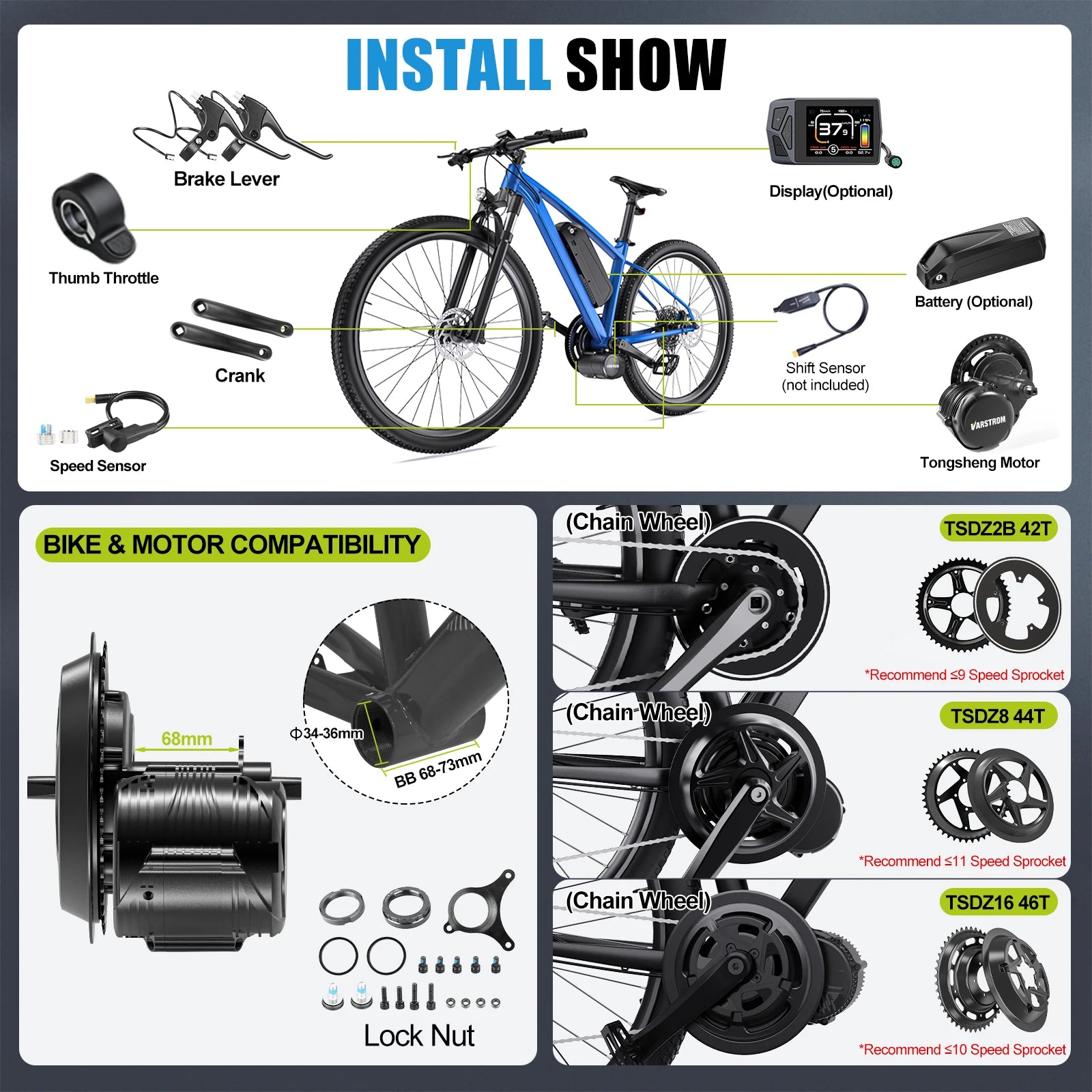 Tongsheng TSDZ8 750W TSDZ2B 250W 500W TSDZ16 1000W Kit moteur capteur de couple à entraînement central e kits de vélo moteur de Conversion vélo électrique