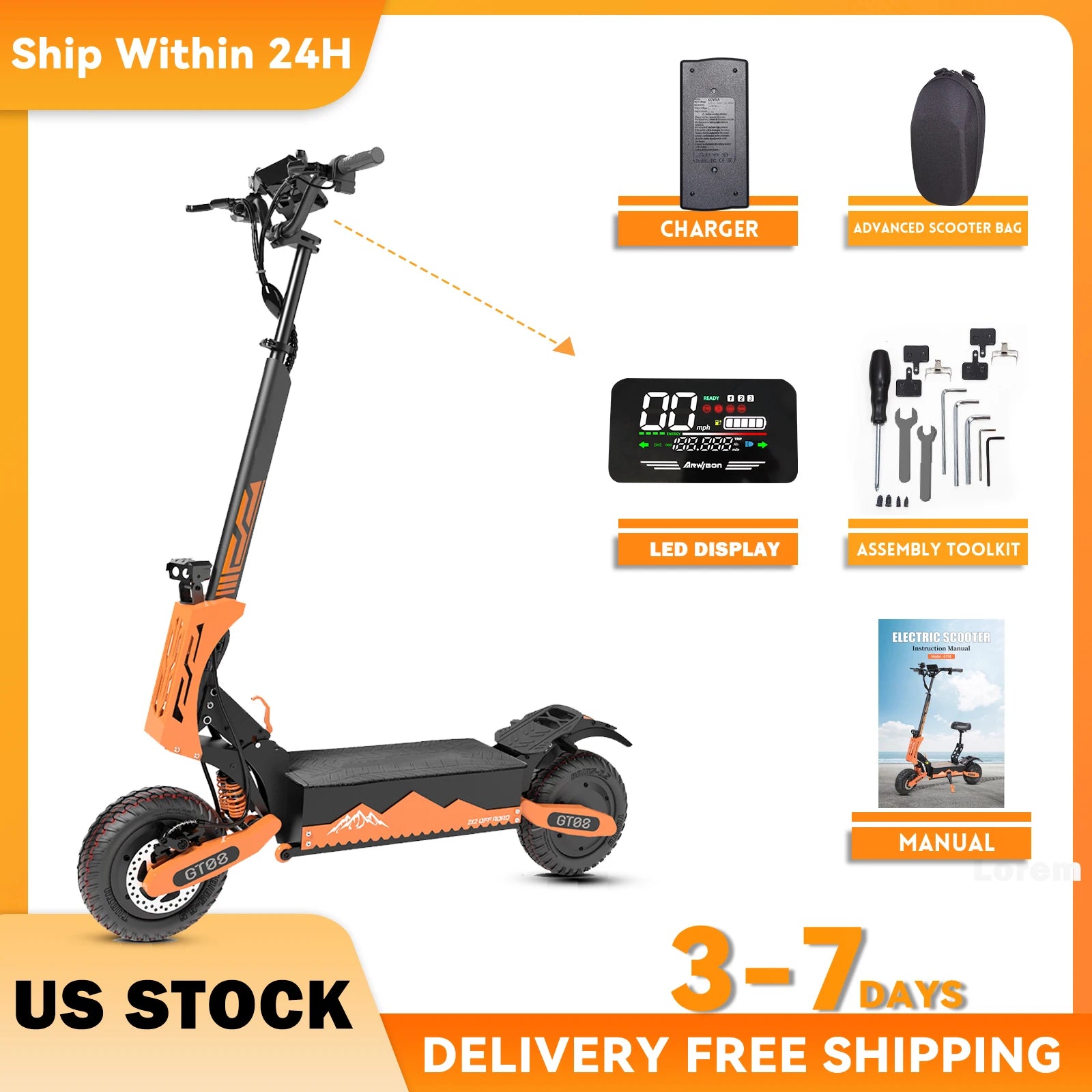 Arwibon GT08 Scooter électrique adulte 5600W moteur vitesse maximale 46MPH, 60V27AH, 11 pouces pneus tout-terrain Sport banlieue pliant EScooter