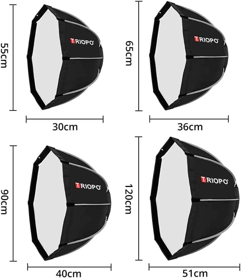 TRIOPO 55cm 65cm 90cm 120cm Foldable Octagon Softbox – boîte à lumière octogonale pliable, support Bowens pour Sokani X100 coldor CL60 Godox Aputure, lumière vidéo LED, 55cm 65cm 90cm 120cm