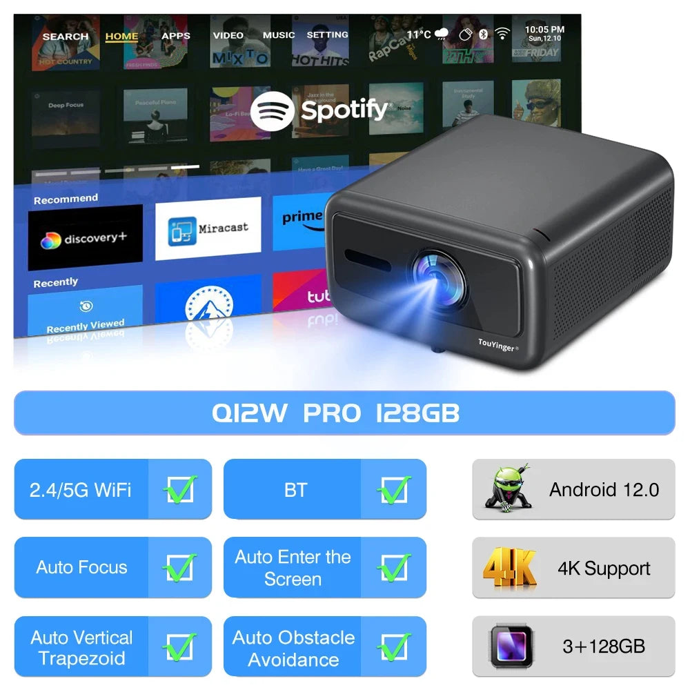 Projecteur de cinéma maison intelligent Touyinger Q12W Pro 2800ANSI Full HD 4K à double écran Wifi Bluetooth