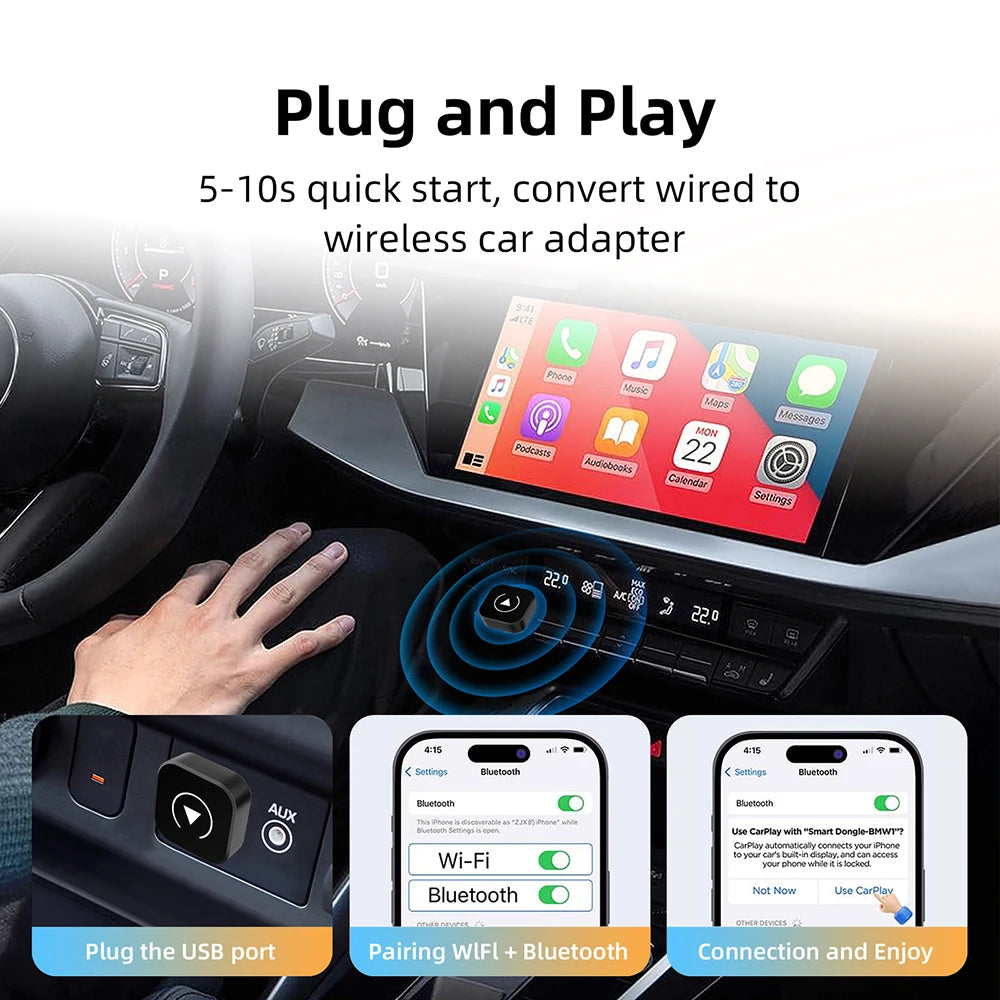 Dongle CarPlay sans fil 2 en 1, adaptateur automatique Android sans fil, boîte intelligente AI, systèmes intelligents pour voiture avec CarPlay filaire
